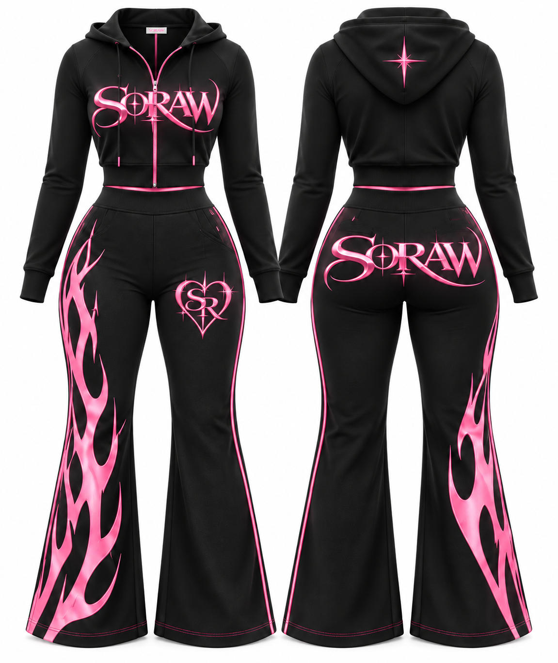 Black and pink SORAW Burnt Bubblegum hoodie and flare pant set, front and back