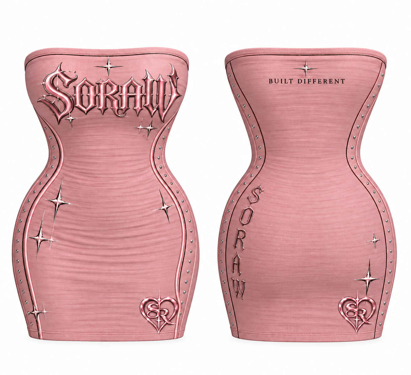 SORAW Hourglass Mini Dress in blush pink, front and back