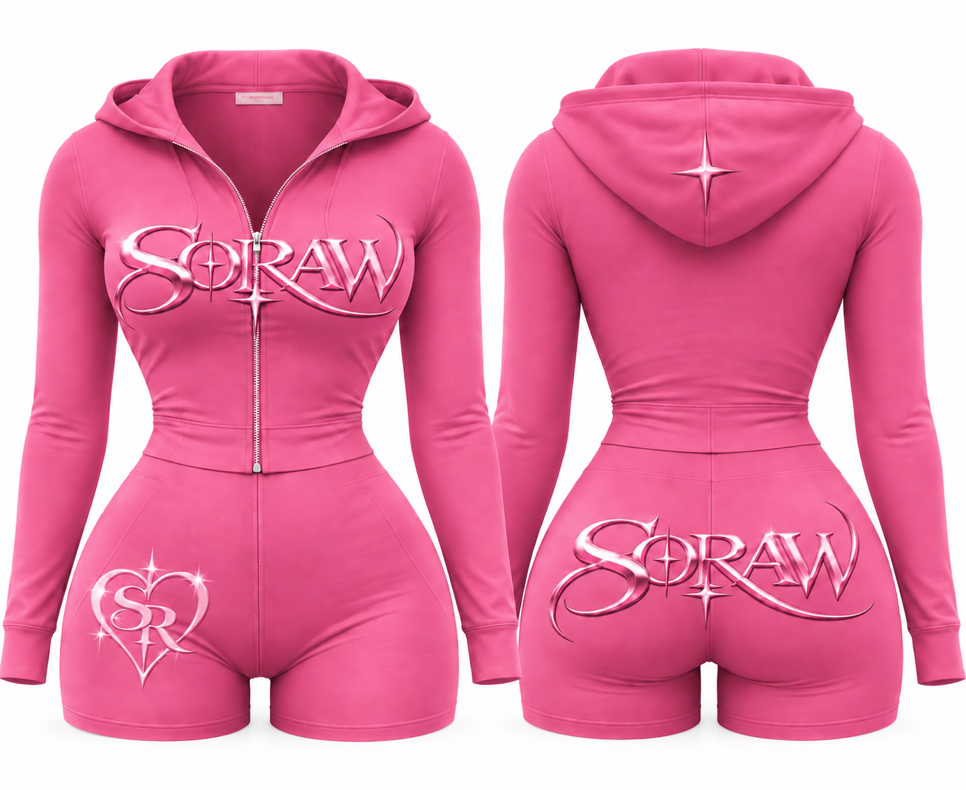 All-pink SORAW Signature Pink hoodie and short set, front and back